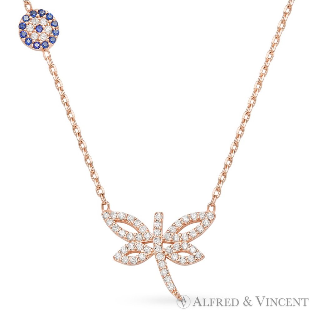 Dragonfly & Evil Eye Charm Necklace with CZ Crystals in .925 Sterling Silver